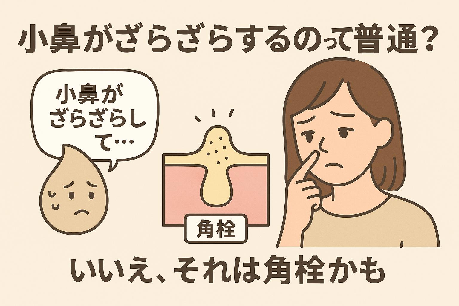 　「小鼻がざらざらするのって普通？いいえ、それは角栓かも」というタイトル。左に「それは角栓かも」と話す鼻型キャラ、中央に皮脂・角栓・毛脂・古い角質を示す断面図、右に鼻のざらつきを気にする女子大生。