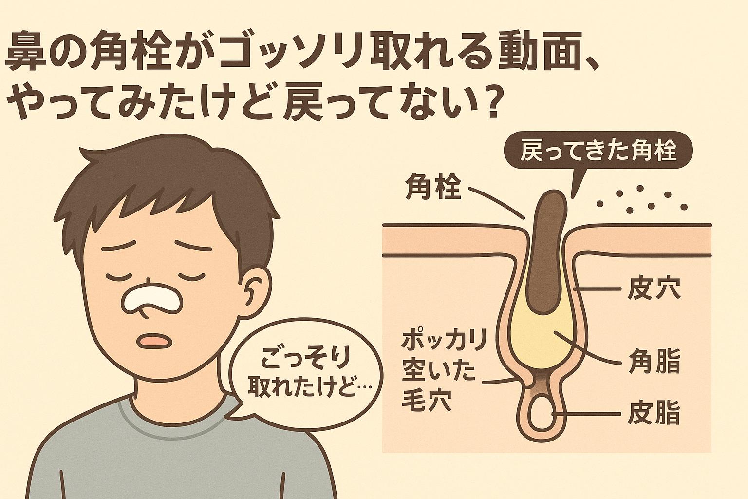 鼻パックで角栓を除去した直後の男性と、空いた毛穴に再び詰まる角栓を描いた断面図。「ポッカリ空いた毛穴」「角栓」「皮脂」「戻ってきた角栓」などの表現で、再発の原因をわかりやすく伝えている。