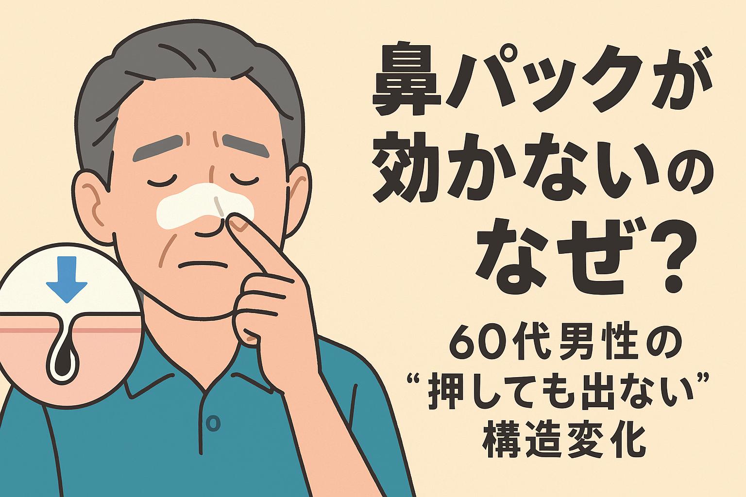 60代男性が鼻にパックを貼りながら、効果が感じられずに悩んでいる様子を描いたイラスト。表情は困惑ぎみで、指で鼻を軽く押さえている。左下には毛穴の断面図があり、「押しても出ない」構造的な変化を示す図が描かれている。右側には「鼻パックが効かないのはなぜ？60代男性の“押しても出ない”構造変化」という太字テキストが表示され、従来のケアが効かなくなる加齢による構造の変化を訴求する構成。