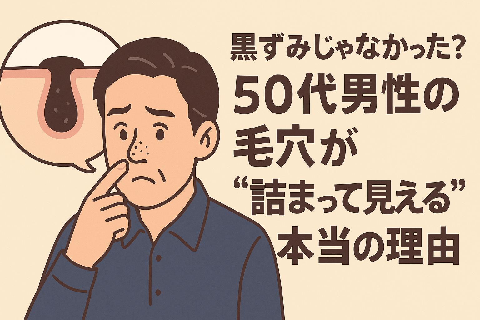 黒ずみではなく“詰まりに見える”毛穴の構造をテーマにしたイラスト。鼻を気にして指差す男性と、詰まった毛穴の断面図を示す吹き出しが配置され、50代男性が抱える誤認しやすい毛穴トラブルの実態を視覚的に説明する構成。