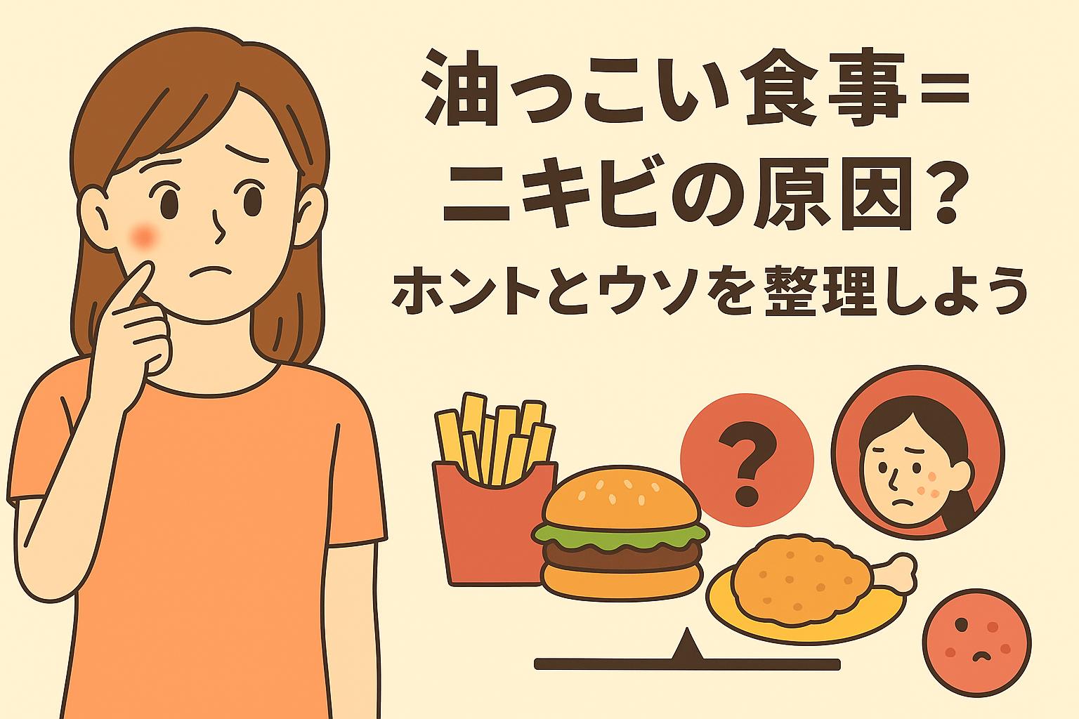 頬のニキビに悩む女性が疑問の表情で頬を指差すイラスト。右側には「油っこい食事＝ニキビの原因？ホントとウソを整理しよう」というテキストと共に、フライドポテト・ハンバーガー・フライドチキン・疑問アイコン・肌荒れの顔が並ぶ構成。