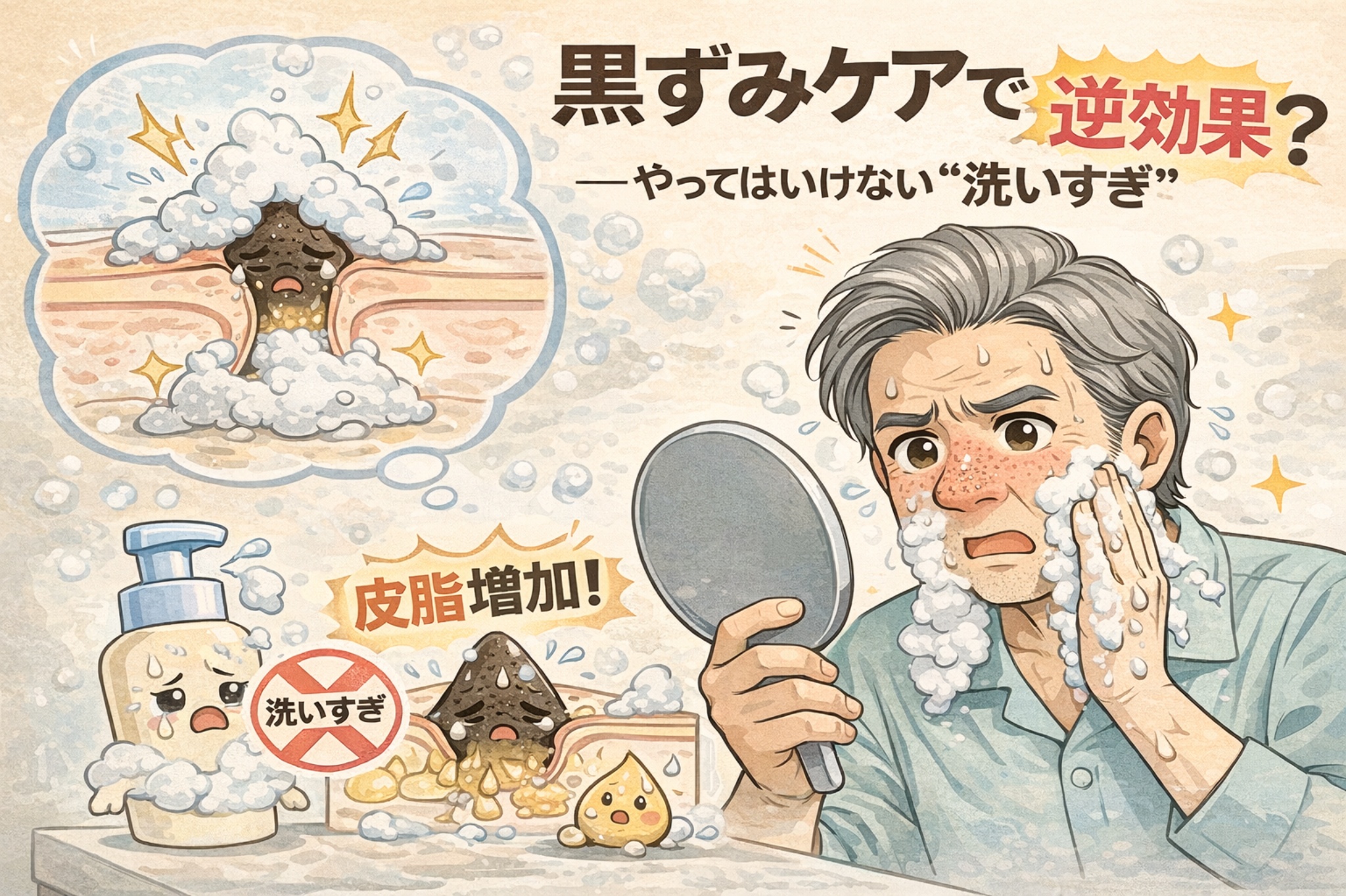 黒ずみケアで洗いすぎると逆効果になる理由を解説した図解イラスト。過度な洗顔によって皮脂が奪われ、肌の防御反応として皮脂分泌が増え、角栓が再形成されて黒ずみが悪化する流れを、毛穴断面と男性の洗顔シーンで示している。