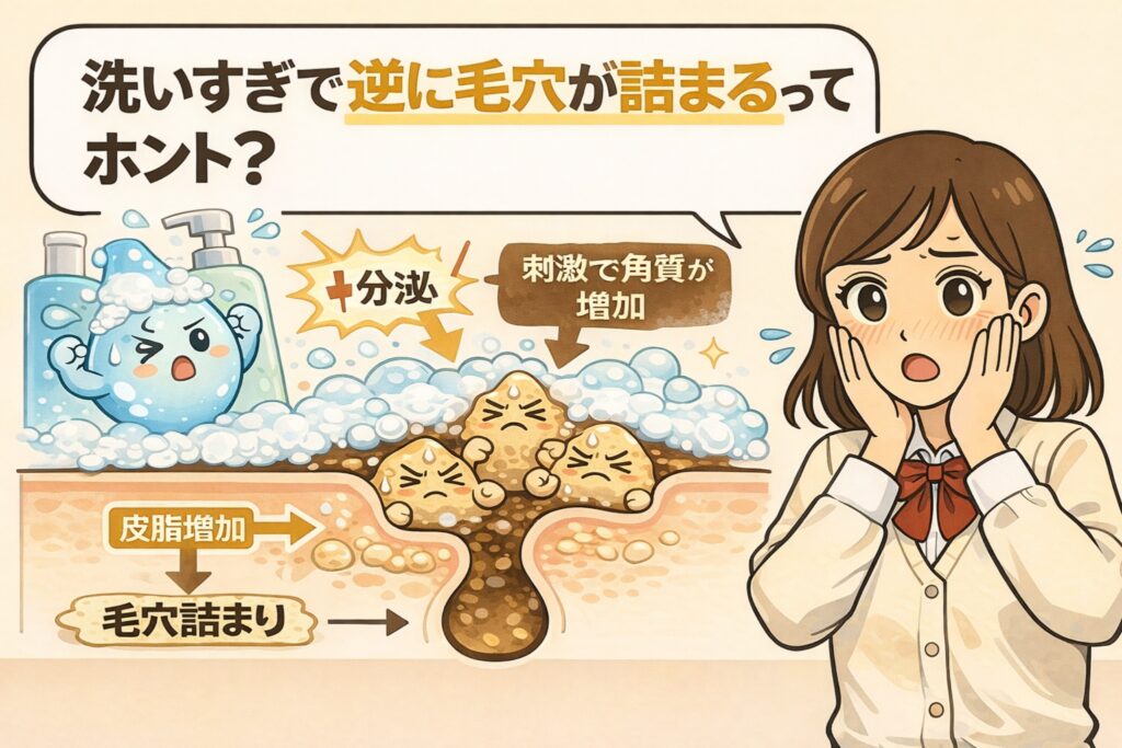 洗顔のしすぎによって皮脂分泌が増え、刺激で角質が厚くなり、結果的に毛穴が詰まってしまう仕組みを説明したイラスト。泡立った洗顔料と困った表情の毛穴断面、驚く女性の姿を通して「洗いすぎ逆効果」を視覚的に示している。