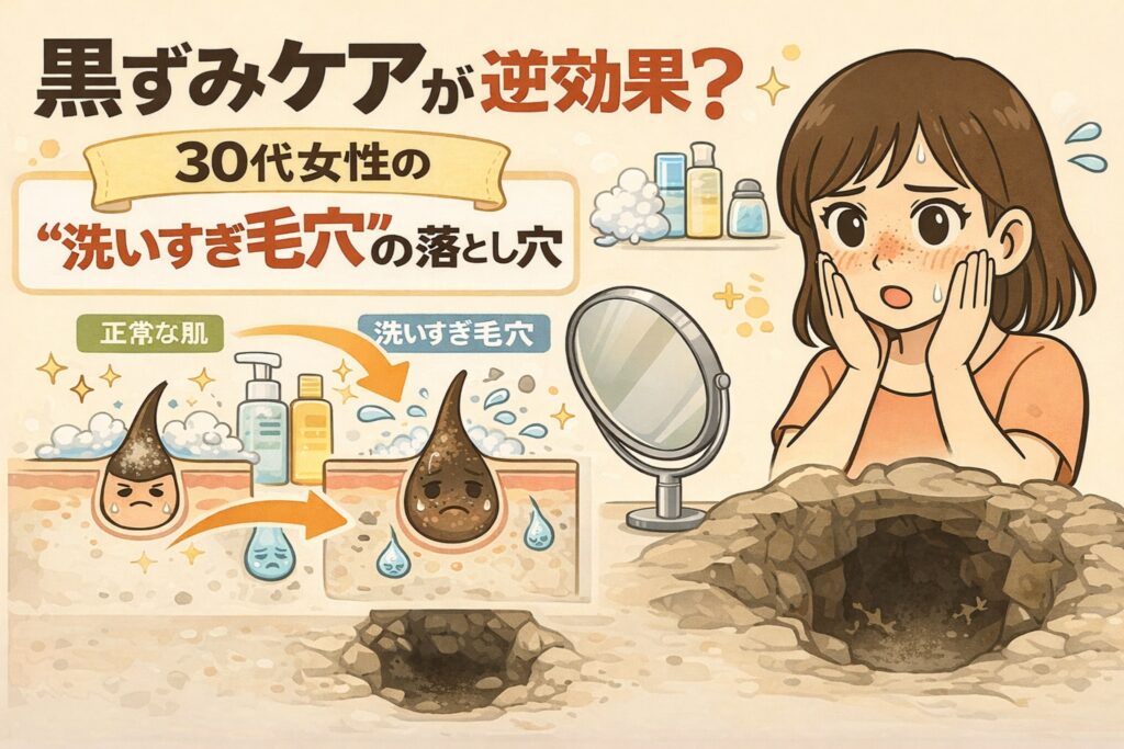 黒ずみケアが逆効果になるケースを、30代女性の「洗いすぎ毛穴」の視点から解説するイラスト。過度な洗顔やスキンケアによって皮脂バランスが崩れ、かえって毛穴が深く目立つ“落とし穴”に陥る様子を、正常な肌との比較や毛穴断面図でわかりやすく表現している毛穴ケア解説画像。