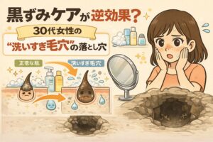 黒ずみケアが逆効果になるケースを、30代女性の「洗いすぎ毛穴」の視点から解説するイラスト。過度な洗顔やスキンケアによって皮脂バランスが崩れ、かえって毛穴が深く目立つ“落とし穴”に陥る様子を、正常な肌との比較や毛穴断面図でわかりやすく表現している毛穴ケア解説画像。