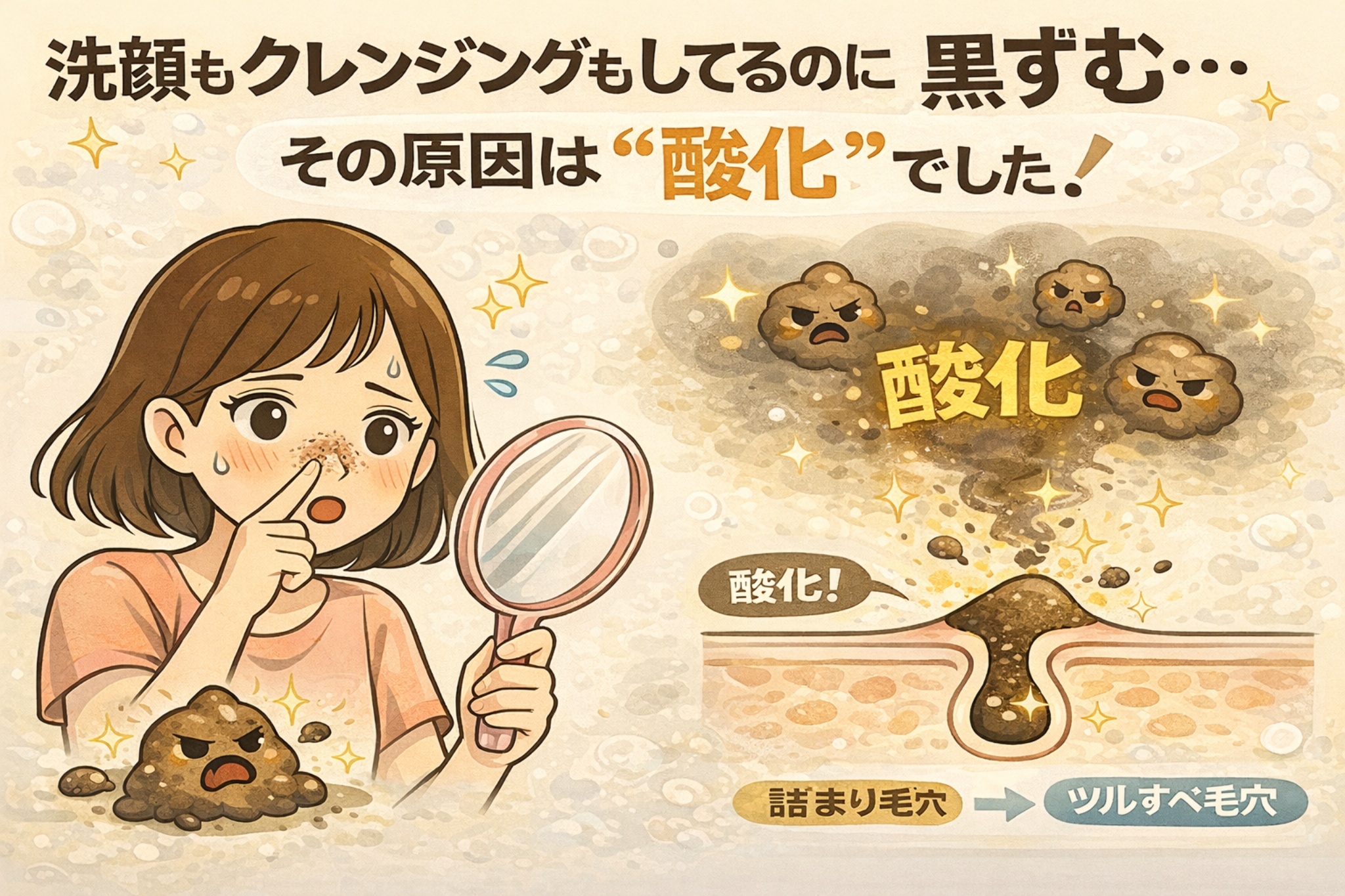 洗顔やクレンジングをしているのに鼻の黒ずみが気になる女性が鏡を見て悩んでいるイラスト。黒ずみの原因が皮脂と角質の「酸化」であることを示し、毛穴断面図で角栓が酸化して詰まり毛穴から黒ずみに変化する様子を図解している美容解説イメージ。