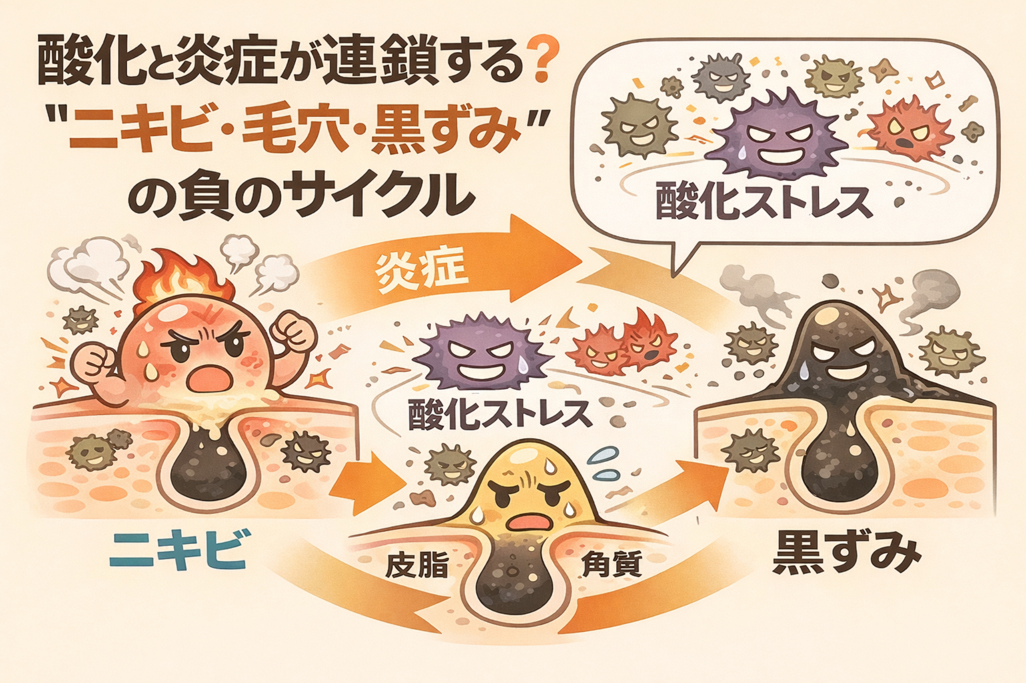 酸化と炎症が連鎖して「ニキビ・毛穴・黒ずみ」が悪循環に陥る仕組みを図解したイラスト。皮脂と角質が混ざって酸化ストレスが生じ、炎症を経て黒ずみへ進行する負のサイクルを、擬人化キャラクターで表現している。