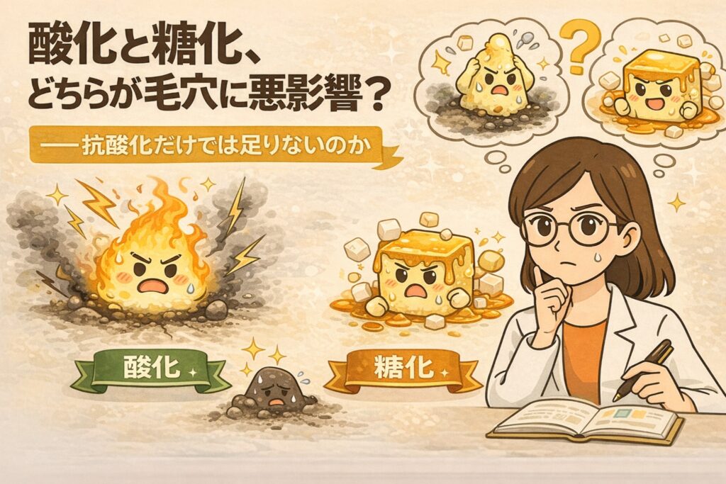 酸化と糖化のどちらが毛穴に悪影響を与えるかを比較したイラスト。炎のように荒れる酸化状態と、糖に覆われて固まる糖化状態を擬人化キャラクターで表現し、抗酸化だけでは不十分かという疑問を白衣を着た女性が考察している構図。毛穴トラブルの原因を構造的に理解する視点を示している。