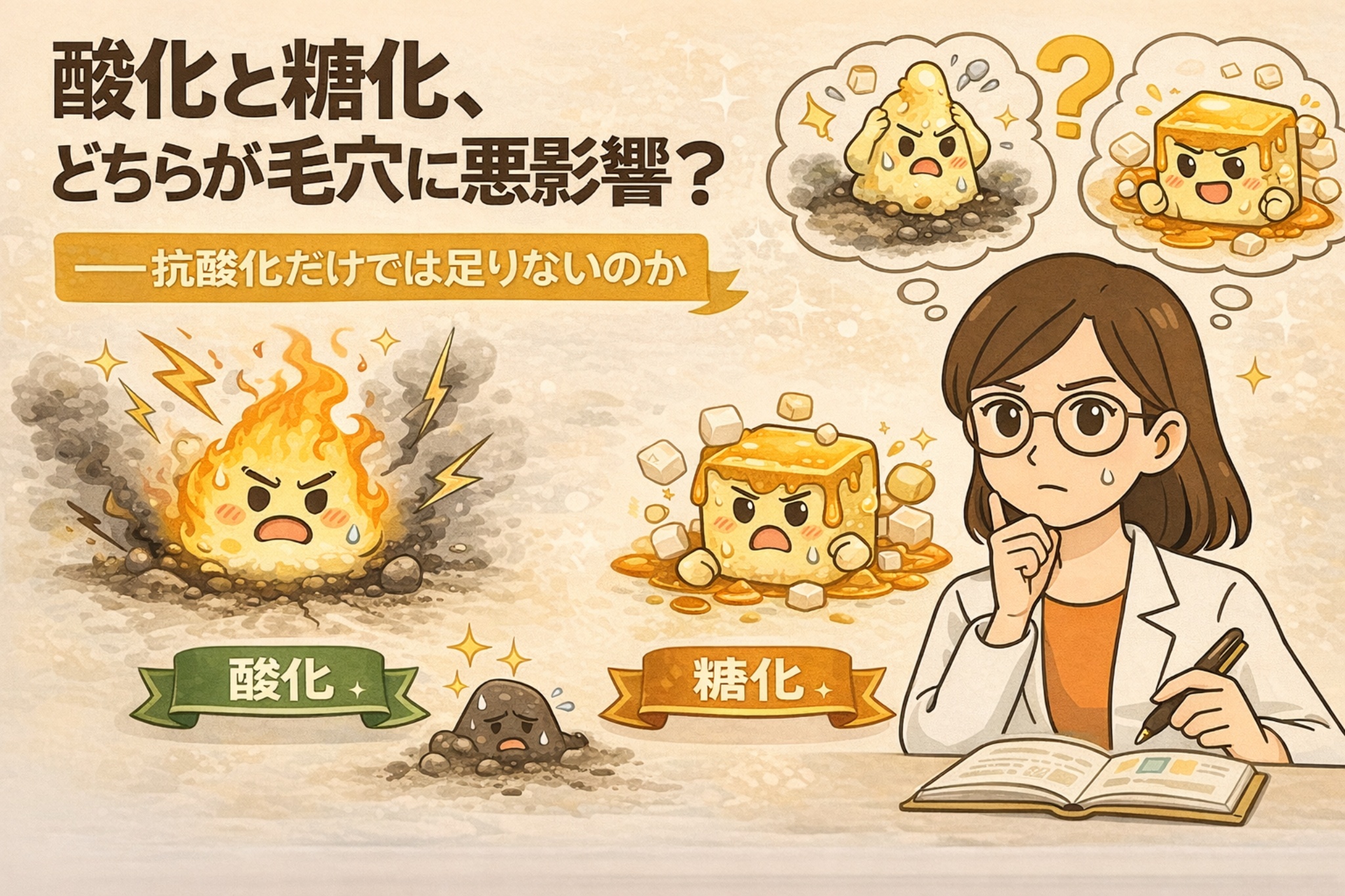 酸化と糖化のどちらが毛穴に悪影響を与えるかを比較したイラスト。炎のように荒れる酸化状態と、糖に覆われて固まる糖化状態を擬人化キャラクターで表現し、抗酸化だけでは不十分かという疑問を白衣を着た女性が考察している構図。毛穴トラブルの原因を構造的に理解する視点を示している。