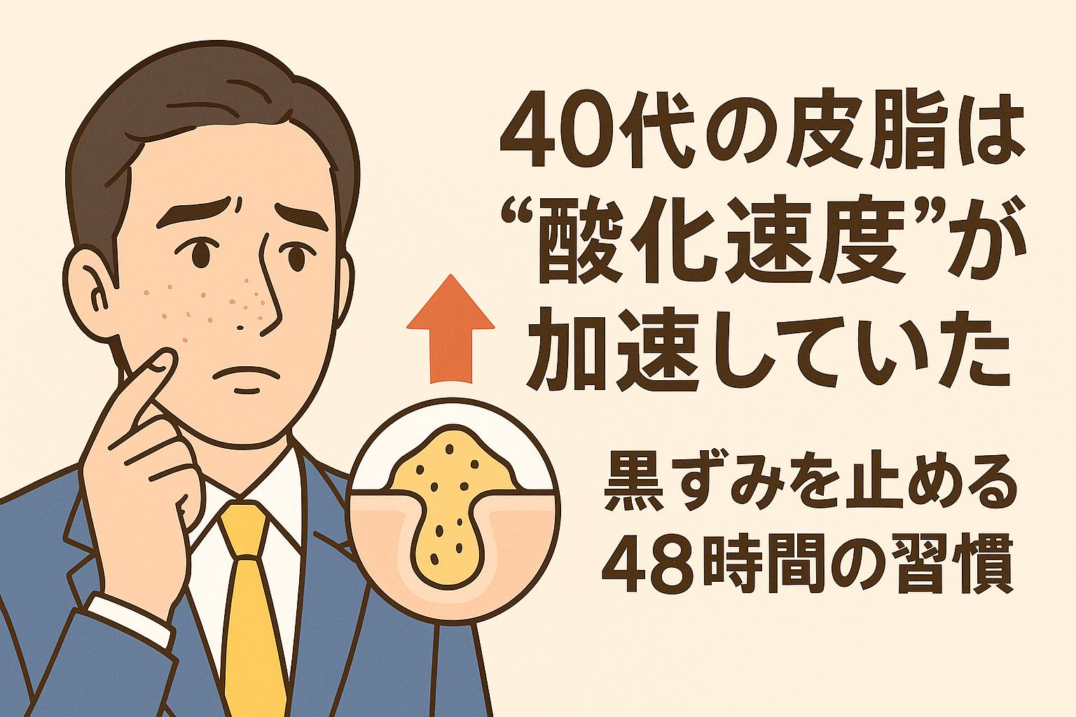 40代男性の皮脂酸化に関するイラスト。スーツ姿の男性が頬に手を当てて深刻そうに考える様子で描かれ、左下には皮脂が酸化して黒ずみに変化する毛穴断面図と赤い上向き矢印が配置されている。「40代の皮脂は“酸化速度”が加速していた 黒ずみを止める48時間の習慣」という太字のテキストが添えられ、加齢による皮脂変化への対策を提案する構成。