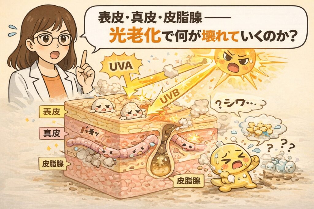 光老化によって表皮・真皮・皮脂腺で何が壊れていくのかを解説するイラスト。UVA・UVBの紫外線が皮膚断面に当たり、表皮のダメージ、真皮の構造破壊、皮脂腺周辺のトラブルが描かれている。白衣を着た女性が指差しで説明し、紫外線がシワや毛穴トラブルにつながる仕組みをキャラクター表現でわかりやすく示している。