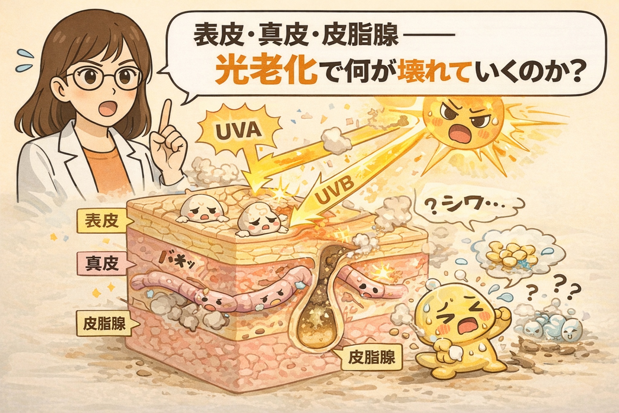 光老化によって表皮・真皮・皮脂腺で何が壊れていくのかを解説するイラスト。UVA・UVBの紫外線が皮膚断面に当たり、表皮のダメージ、真皮の構造破壊、皮脂腺周辺のトラブルが描かれている。白衣を着た女性が指差しで説明し、紫外線がシワや毛穴トラブルにつながる仕組みをキャラクター表現でわかりやすく示している。