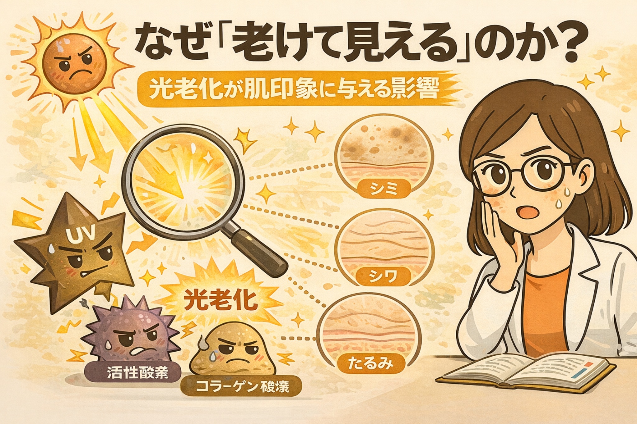 なぜ肌が「老けて見える」のかを光老化の視点から解説したイラスト。紫外線(UV)によって活性酸素が発生し、コラーゲンが破壊されることで、シミ・シワ・たるみといった老化サインが進行する仕組みを図解している。虫眼鏡で光老化を観察する構図と、白衣を着た女性が解説する様子を通して、光老化が肌印象に与える影響を分かりやすく示している。