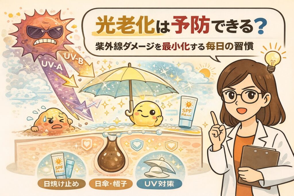 光老化は予防できるかをテーマに、紫外線（UVA・UVB）ダメージを最小化する毎日の習慣を解説したイラスト。日焼け止めや日傘・帽子によるUV対策で、毛穴と皮脂を紫外線から守る構造を毛穴断面図で表現。白衣の女性が指差しで説明し、日常的な紫外線対策の重要性を視覚的に示している。