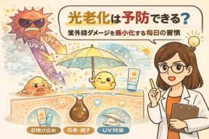 光老化は予防できるかをテーマに、紫外線（UVA・UVB）ダメージを最小化する毎日の習慣を解説したイラスト。日焼け止めや日傘・帽子によるUV対策で、毛穴と皮脂を紫外線から守る構造を毛穴断面図で表現。白衣の女性が指差しで説明し、日常的な紫外線対策の重要性を視覚的に示している。