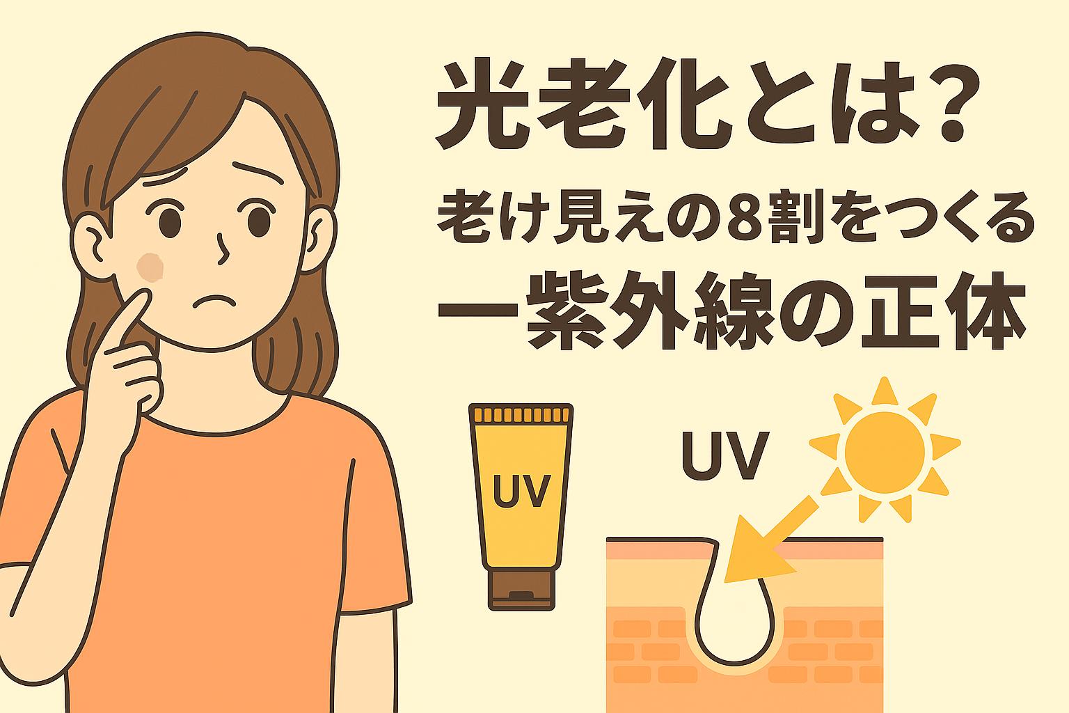シミのある女性が心配そうに頬を触れているイラスト。右側には「光老化とは？老け見えの8割をつくる──紫外線の正体」という見出しと、UVクリーム、太陽、紫外線が肌に当たる図解が描かれている。