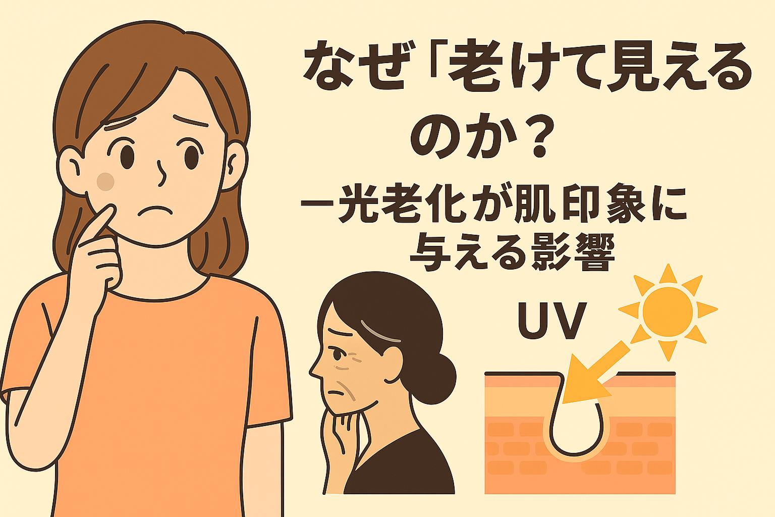 頬にシミのある女性が心配そうに頬を触れるイラスト。右側には「なぜ“老けて見える”のか？──光老化が肌印象に与える影響」というテキストと、老け顔の女性アイコン、UVによる肌ダメージを示す図解が描かれている。