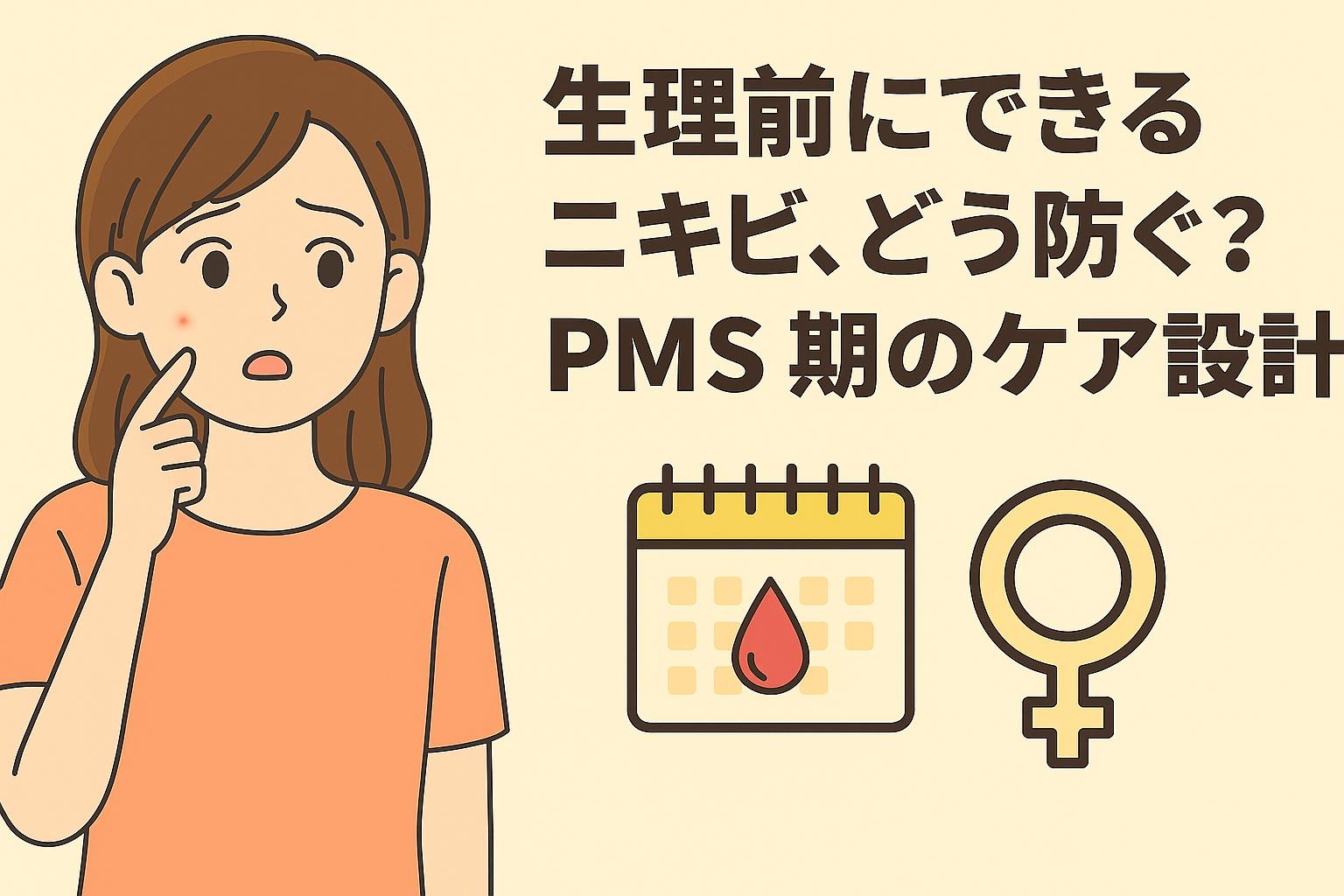 頬に赤ニキビができた女性が不安そうに触れているイラスト。右側には「生理前にできるニキビ、どう防ぐ？──PMS期のケア設計」という見出しと、カレンダーと女性マークのアイコンが並び、ホルモン周期の影響を示唆している。