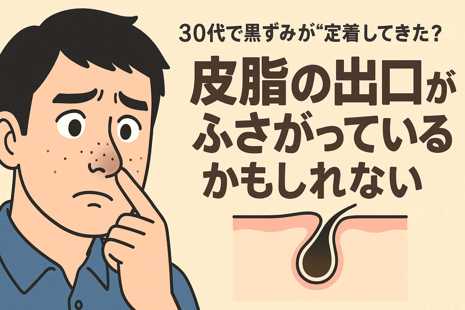 30代男性が鼻の黒ずみに悩む様子と、皮脂の出口が詰まっている毛穴構造を描いたフラットなイラスト。日本語テキスト付きで黒ずみケアの重要性を視覚的に訴求。