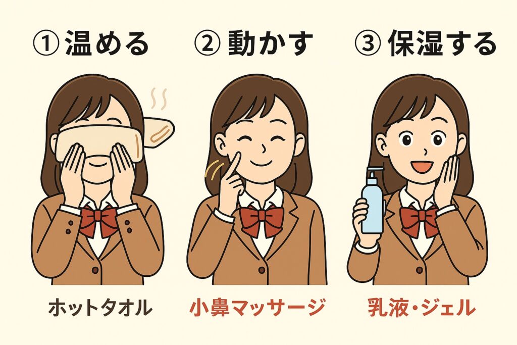 女子高生が毛穴ケアの3ステップを実践している図解。

温める（ホットタオル）：顔にホットタオルを当てて毛穴をゆるめる

動かす（小鼻マッサージ）：笑顔で小鼻を指でくるくるとマッサージ

保湿する（乳液・ジェル）：化粧水ボトルを持ち、肌を保湿して仕上げる