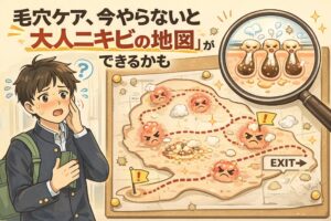 毛穴ケアを怠ることで大人ニキビが広がっていく様子を地図に例えたイラスト。頬を気にする学生の男性と、顔の上に大人ニキビの発生ルートや注意ポイントを示した地図、拡大鏡で見た毛穴内部が描かれている。