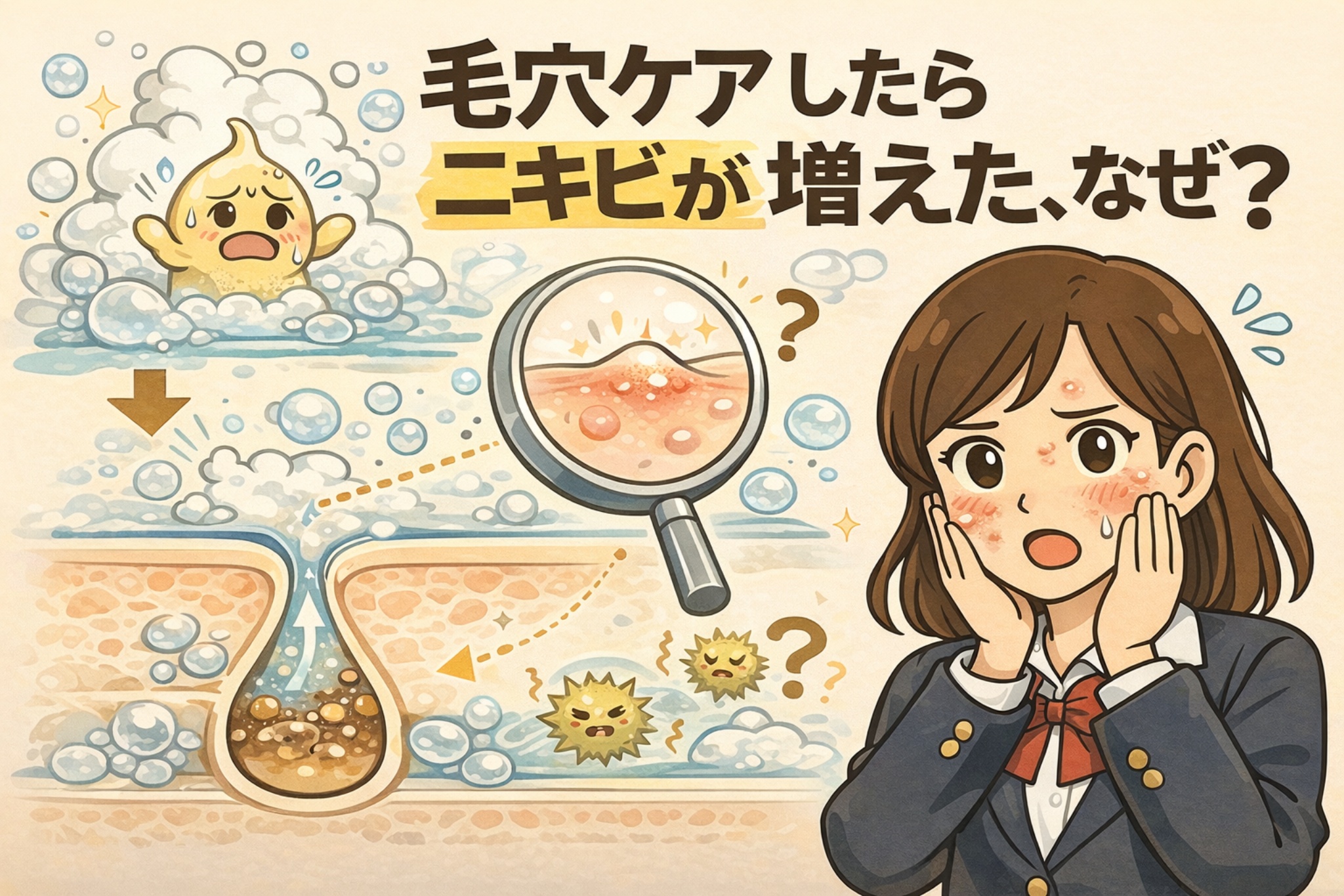 毛穴ケアを始めた後にニキビが増えた理由を解説するイラスト。洗浄によって毛穴内部の環境が変化し、詰まりや皮脂の動きが活発になる様子を毛穴断面図で表現。拡大鏡で赤みのある肌状態を示し、ニキビ菌の反応とともに、困惑する学生の女の子が描かれている。「毛穴ケア＝悪化」ではなく、変化の途中で起こり得る反応であることを示唆する構図。
