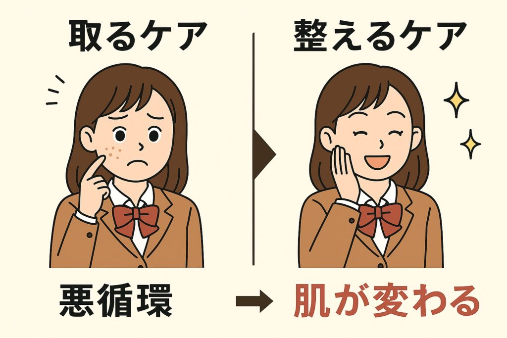 左右比較のイラスト。

左（取るケア）：女子高生が頬の毛穴を気にして困った表情、「悪循環」と記載。毛穴が開き、黒ずみが再発しているイメージ。

右（整えるケア）：女子高生が笑顔で肌を触り、「肌が変わる」と記載。透明感のあるツヤ肌になっている様子。