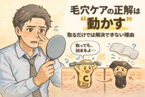 毛穴ケアの正解は「取る」ことではなく「動かす」ことである理由を解説するイラスト。角栓を除去しても再び詰まる構造と、皮脂や角質を動かして流れを整える重要性を、鏡を見る男性と毛穴断面図、擬人化キャラクターで分かりやすく示している。