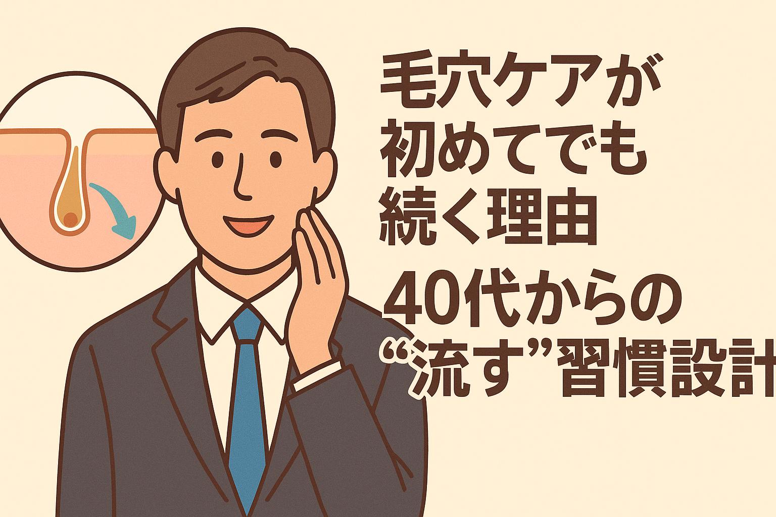 毛穴ケア初心者の40代男性に向けたイラスト。スーツ姿で微笑む男性が頬に手を当て、左上には毛穴内部の詰まりが青い矢印で流れる様子を示す断面図が描かれている。「毛穴ケアが初めてでも続く理由 40代からの“流す”習慣設計」という太字テキストが右側に配置され、続けやすい構造的ケア習慣の大切さを訴求するビジュアル構成。