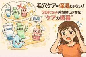 毛穴ケアは保湿だけでは不十分であることを解説する図解イラスト。「毛穴ケア＝保湿じゃない！20代女子が誤解しがちな“ケアの順番”」という見出しのもと、洗顔・化粧水・美容液の順番を誤解している様子が、擬人化されたスキンケアアイテムで表現されている。保湿を優先しすぎることで毛穴ケアがうまくいかない構造を示し、正しいケア順の重要性を視覚的に伝える教育用ビジュアル。