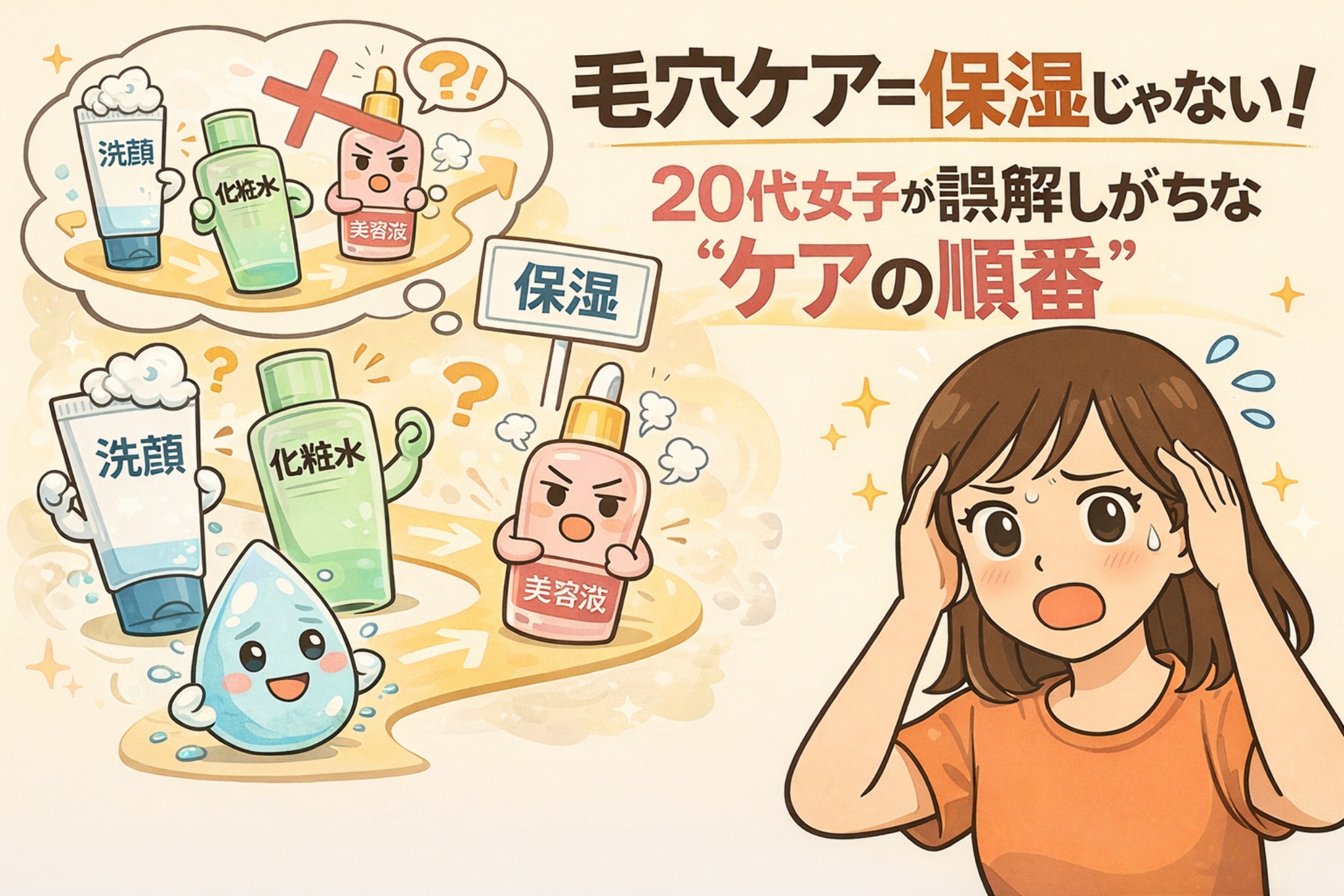 毛穴ケアは保湿だけでは不十分であることを解説する図解イラスト。「毛穴ケア＝保湿じゃない！20代女子が誤解しがちな“ケアの順番”」という見出しのもと、洗顔・化粧水・美容液の順番を誤解している様子が、擬人化されたスキンケアアイテムで表現されている。保湿を優先しすぎることで毛穴ケアがうまくいかない構造を示し、正しいケア順の重要性を視覚的に伝える教育用ビジュアル。
