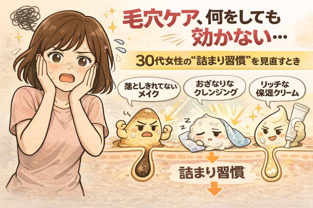 30代女性が毛穴ケアをしても効果を感じにくい理由を「詰まり習慣」の視点で解説したイラスト。毛穴に悩む女性の横で、落としきれないメイク、雑なクレンジング、重すぎる保湿クリームなどが重なり、毛穴詰まりの習慣ができている様子を擬人化した毛穴断面図で示している。