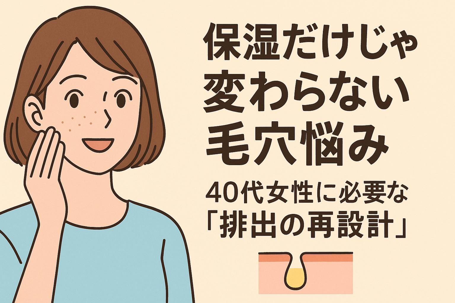 毛穴に悩む40代女性向けに、「保湿だけでは変わらない毛穴悩み」と訴求するイラスト。さわやかな若い女性が頬を触れながら笑顔を見せ、背景には毛穴詰まりの断面図と共に「排出の再設計」の文字が配置されている。
