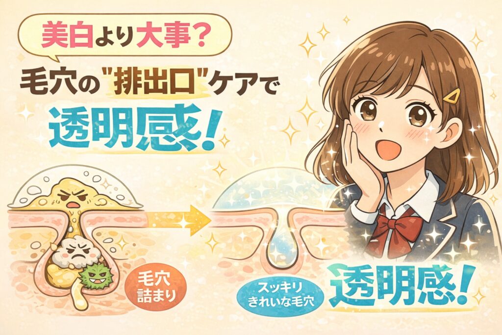 毛穴の「排出口」ケアによって透明感のある肌印象が生まれる仕組みを解説したイラスト。左側では毛穴詰まりにより皮脂や汚れが滞留している状態、右側では排出口が整いスッキリとした毛穴構造が描かれている。右上には明るい表情の女子学生が配置され、毛穴ケアが美白以上に肌の透明感に影響することを示している。