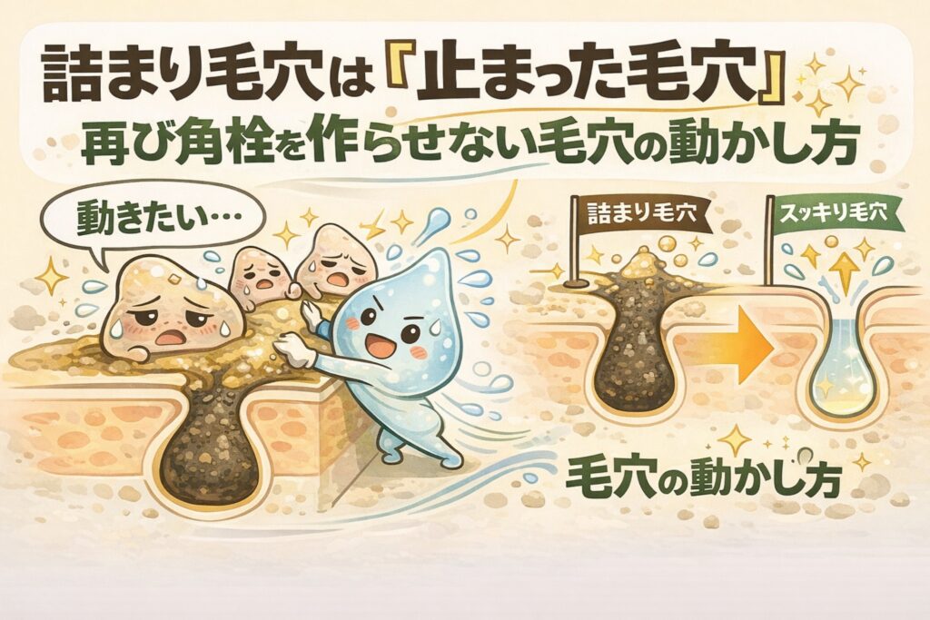 詰まり毛穴は「止まった毛穴」であることを解説するイラスト。角栓で詰まって動けない毛穴と、水分の力で流れが生まれ再び動き出す毛穴を対比し、再度角栓を作らせないための「毛穴の動かし方」を擬人化キャラクターと毛穴断面図でわかりやすく表現している毛穴ケア解説画像。