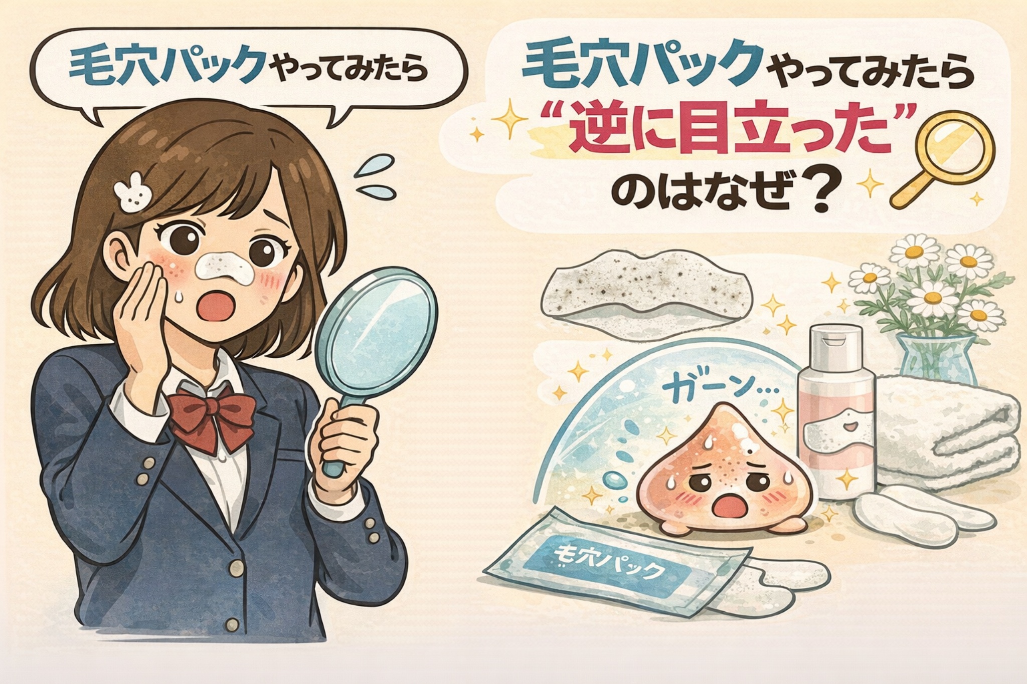 毛穴パックを使ったら逆に毛穴が目立ってしまった理由を解説するイラスト。鼻に毛穴パックを貼った女子学生が鏡を見て驚いており、角栓を一時的に引き抜くことで毛穴が開き、刺激や乾燥によって黒ずみや毛穴目立ちが悪化する構造を、擬人化キャラクターとケアアイテムでわかりやすく表現している毛穴ケア解説画像。