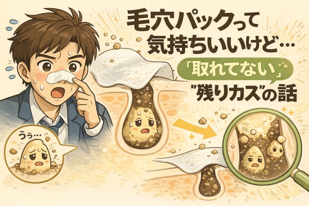 毛穴パック後に角栓が完全には取れていない状態を解説する図解イラスト。鼻に毛穴パックを貼った男子が驚いた表情をしており、毛穴断面図では角栓の一部が残って「残りカス」として毛穴内に留まる様子が描かれている。拡大図により、表面は取れても奥に角栓が残りやすい構造を示し、毛穴パックが気持ちよくても完全除去ではないことを視覚的に伝えるビジュアル。