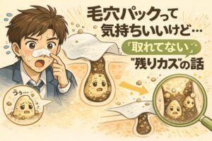 毛穴パック後に角栓が完全には取れていない状態を解説する図解イラスト。鼻に毛穴パックを貼った男子が驚いた表情をしており、毛穴断面図では角栓の一部が残って「残りカス」として毛穴内に留まる様子が描かれている。拡大図により、表面は取れても奥に角栓が残りやすい構造を示し、毛穴パックが気持ちよくても完全除去ではないことを視覚的に伝えるビジュアル。