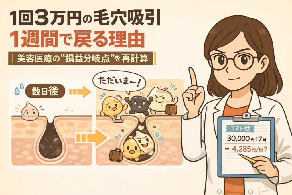 1回3万円の毛穴吸引が短期間で元に戻りやすい理由を解説するイラスト。施術直後は毛穴がきれいに見えるものの、数日後には再び皮脂や角栓が詰まる流れを毛穴断面図で表現。右側では白衣姿の女性がコスト計算ボードを持ち、30,000円を7日で割った1日あたりの費用を示しながら、美容医療の費用対効果を考える構図になっている。