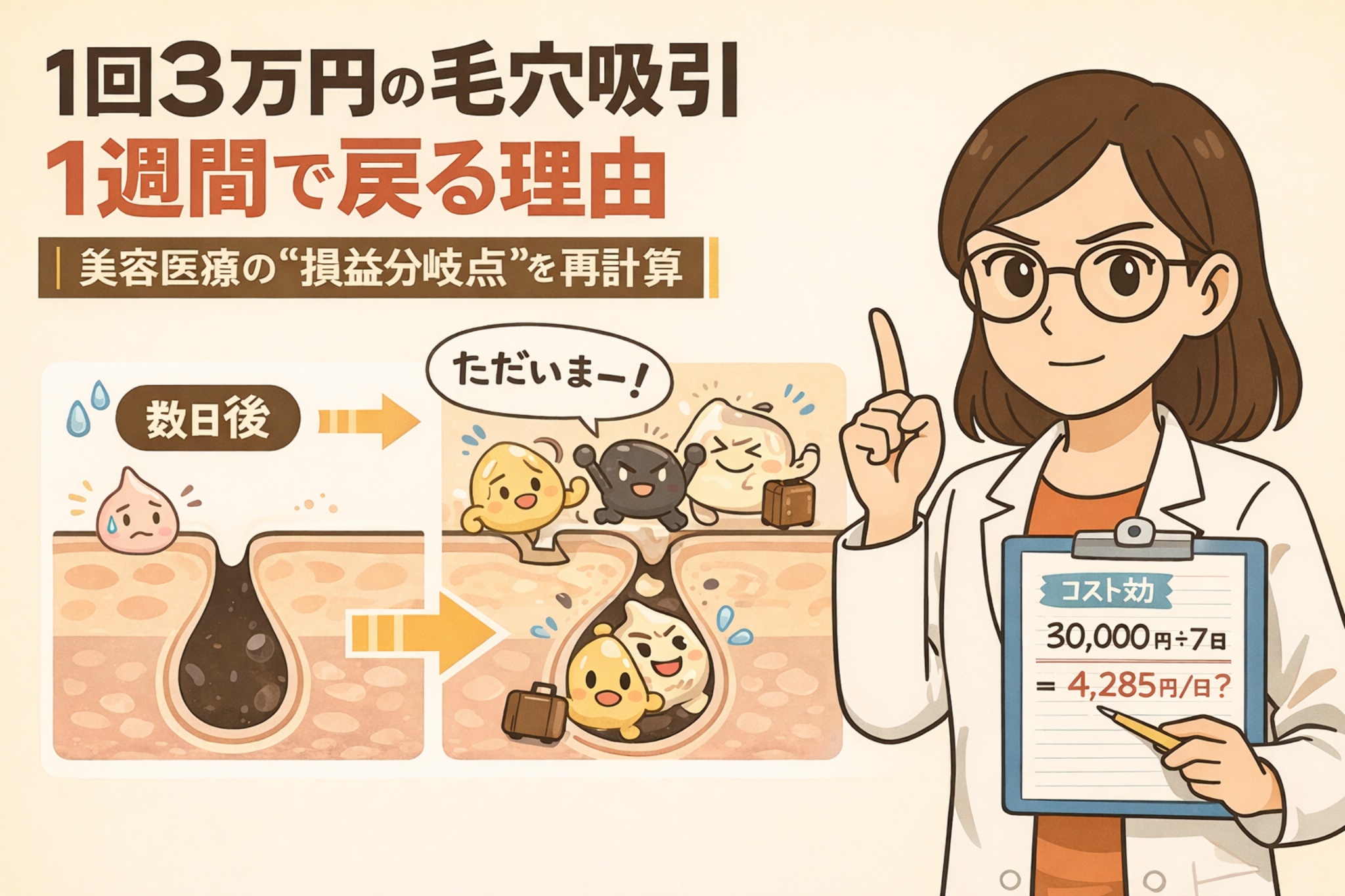 1回3万円の毛穴吸引が短期間で元に戻りやすい理由を解説するイラスト。施術直後は毛穴がきれいに見えるものの、数日後には再び皮脂や角栓が詰まる流れを毛穴断面図で表現。右側では白衣姿の女性がコスト計算ボードを持ち、30,000円を7日で割った1日あたりの費用を示しながら、美容医療の費用対効果を考える構図になっている。
