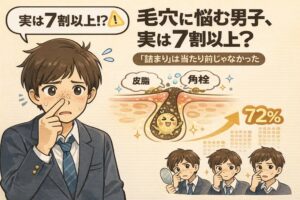 毛穴に悩む男性が7割以上いることを示す解説イラスト。スーツ姿の若い男性が鼻の毛穴を気にして指で触れている様子と、皮脂と角栓が詰まった毛穴構造の断面図を並べて描写。「詰まりは当たり前じゃなかった」というメッセージと、調査結果を示す72％の数値が強調されている。