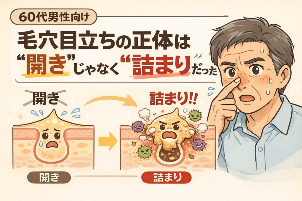 60代男性向けに、毛穴目立ちの原因が「開き」ではなく「詰まり」であることを解説する図解イラスト。左に毛穴が開いた状態、右に角栓が詰まって炎症を起こした状態を対比し、鼻を指で押さえて悩む高齢男性が描かれている。
