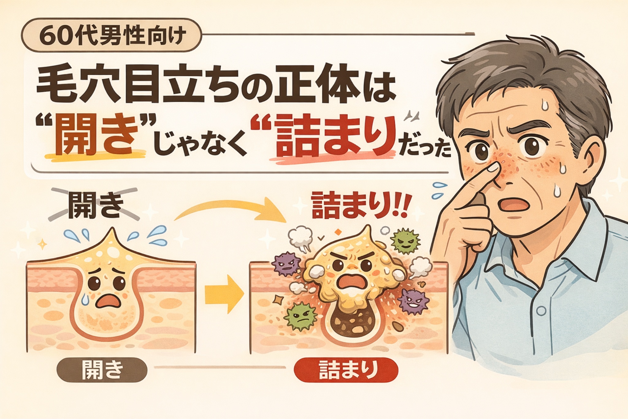 60代男性向けに、毛穴目立ちの原因が「開き」ではなく「詰まり」であることを解説する図解イラスト。左に毛穴が開いた状態、右に角栓が詰まって炎症を起こした状態を対比し、鼻を指で押さえて悩む高齢男性が描かれている。