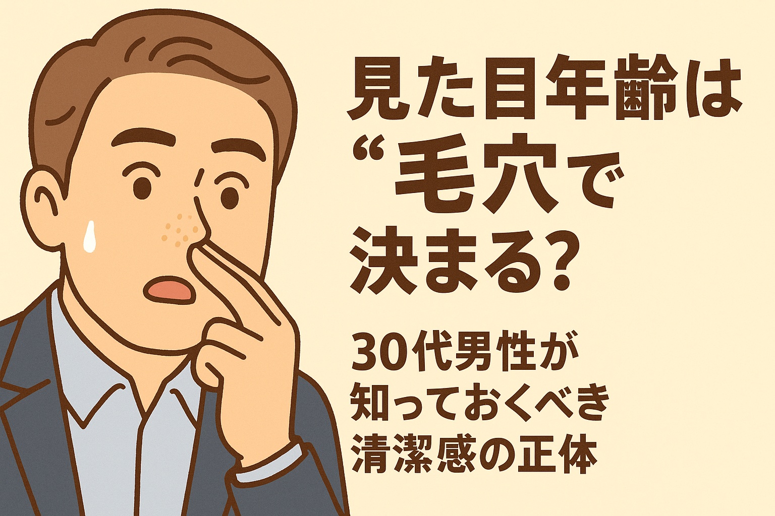 30代男性が鼻の毛穴を気にしている表情と、見た目年齢と清潔感に関する日本語テキストが組み合わさったフラットイラスト。