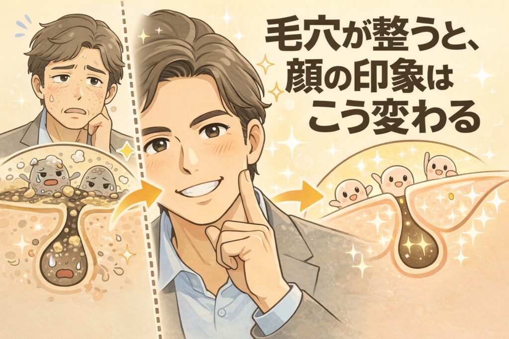 毛穴が整うことで顔全体の印象がどのように変わるかを示したビフォーアフター図解イラスト。左側は毛穴に角栓や黒ずみが詰まり、肌がくすんで見える状態で、不安そうな表情の男性と荒れた毛穴断面が描かれている。右側は毛穴が整い、なめらかで明るい肌状態になった後の様子で、表情が明るく自信に満ちた男性と、きれいに整った毛穴断面が表現されている。「毛穴が整うと、顔の印象はこう変わる」というメッセージを、視覚的な対比で分かりやすく伝えている。
