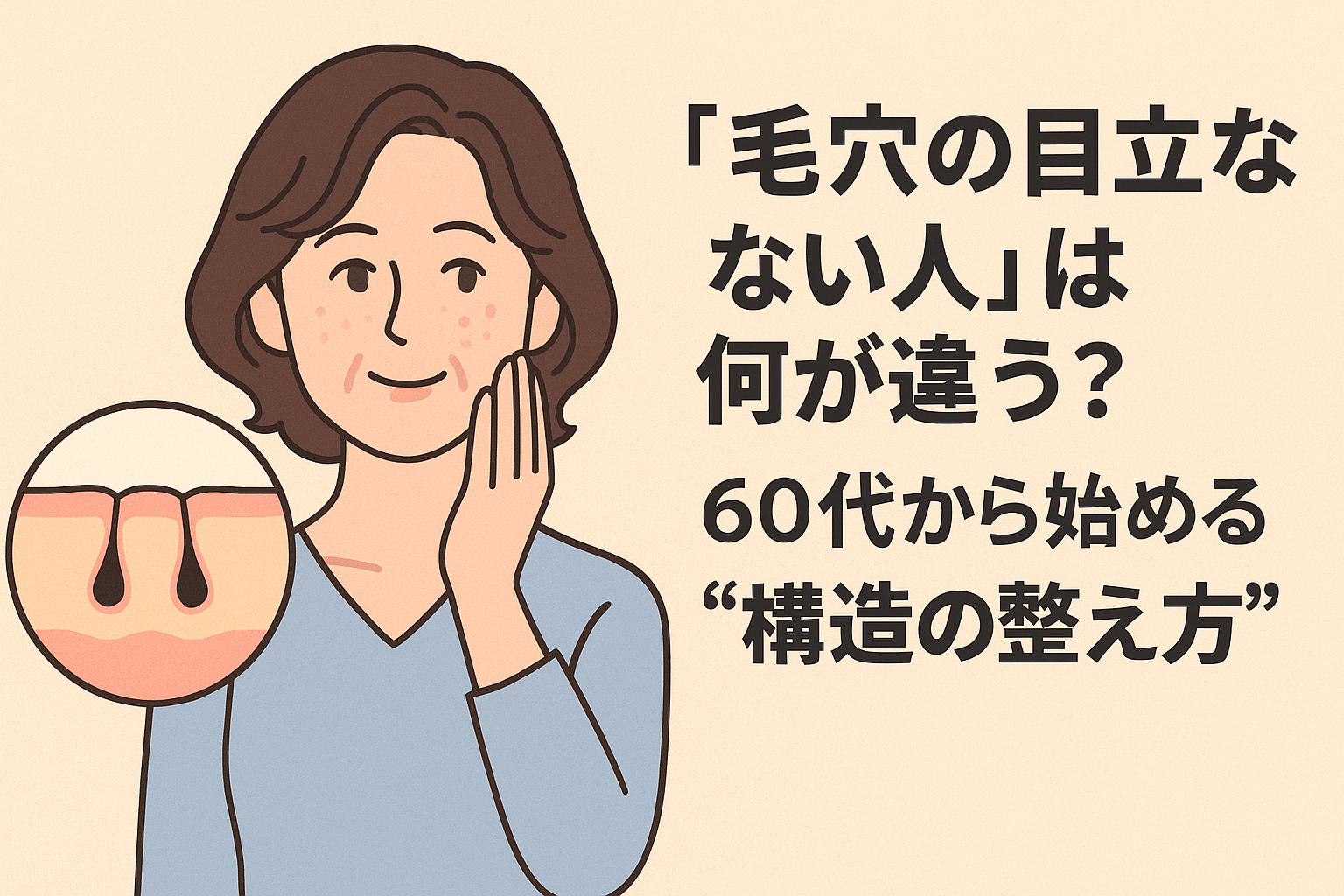 60代女性がほほ笑みながら頬に手を添え、毛穴が目立たない肌の状態に満足している様子を描いたイラスト。左下には毛穴の断面図があり、左右で「整った構造」と「詰まり気味の構造」の違いが示されている。右側には「『毛穴の目立たない人』は何が違う？60代から始める“構造の整え方”」という太字の日本語テキストが配置されており、年齢を重ねた肌でも改善可能なケアのアプローチを伝える構成。