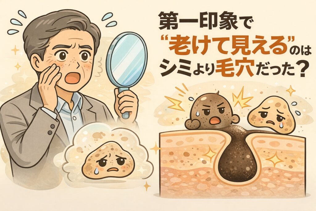 第一印象で「老けて見える」原因はシミより毛穴だった、というテーマを表現したイラスト。鏡を見て驚く男性の表情と、開いて黒ずんだ毛穴の断面図、擬人化された毛穴・角栓キャラクターを通して、毛穴の目立ちが年齢印象に与える影響を分かりやすく示している。