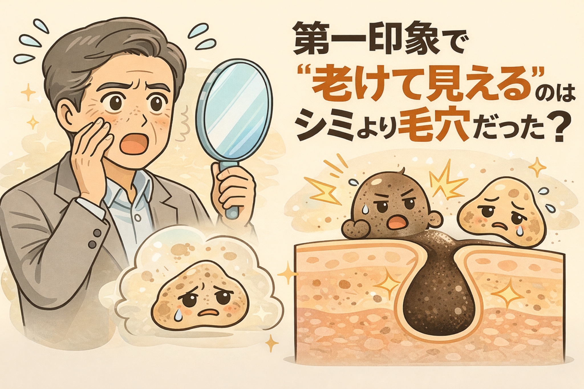 第一印象で「老けて見える」原因はシミより毛穴だった、というテーマを表現したイラスト。鏡を見て驚く男性の表情と、開いて黒ずんだ毛穴の断面図、擬人化された毛穴・角栓キャラクターを通して、毛穴の目立ちが年齢印象に与える影響を分かりやすく示している。