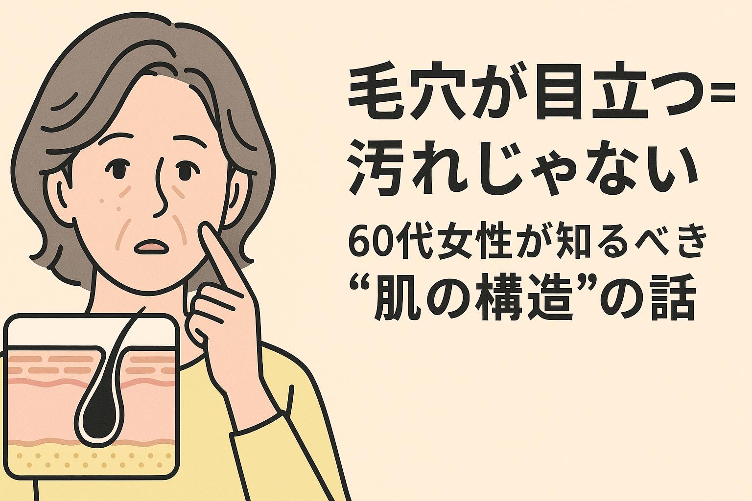 60代女性が頬を指で触れながら毛穴の目立ちに悩む様子。左下に肌の断面図が表示され、毛穴の構造が可視化されている。背景は淡いベージュで、右側に「毛穴が目立つ＝汚れじゃない　60代女性が知るべき“肌の構造”の話」という太字の日本語テキストが配置されている。毛穴の目立ちは汚れではなく構造に関係するという気づきを伝えるビジュアル。