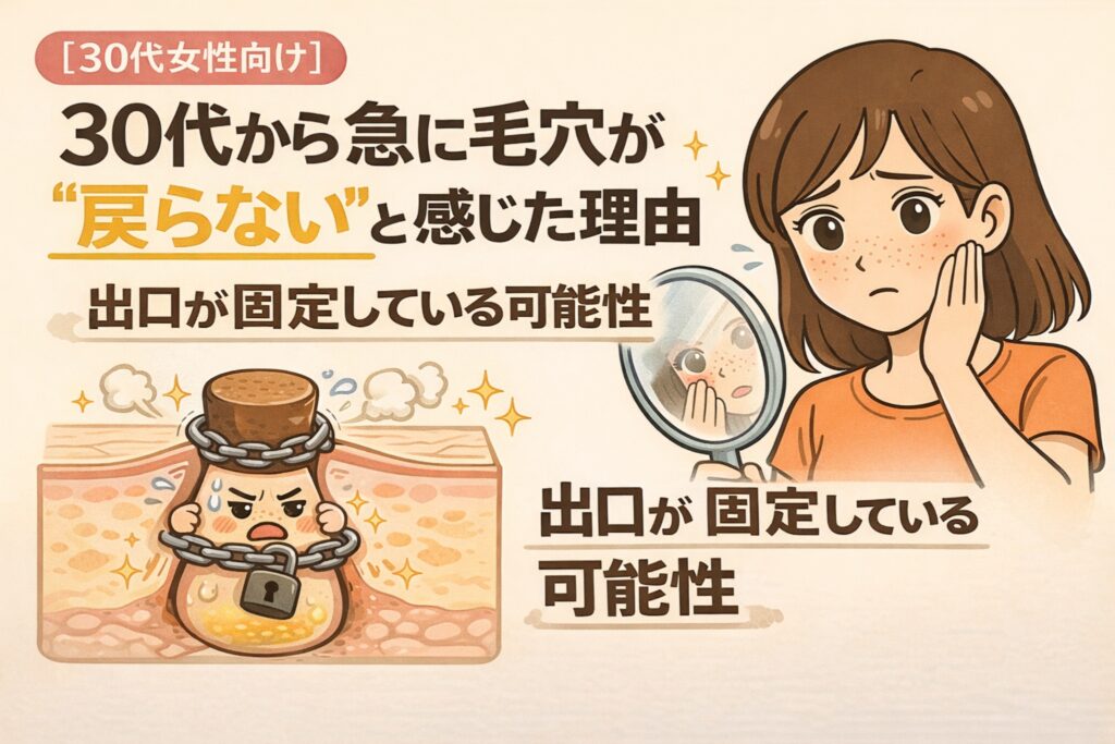 30代女性向けに、毛穴が急に「戻らない」と感じる理由を解説したイラスト。毛穴の出口が固定化され、閉じにくくなっている状態を、鎖で縛られた毛穴の擬人化キャラクターで表現。鏡を見て頬を気にする女性の姿とともに、30代以降に起こりやすい毛穴構造の変化を視覚的に示している。